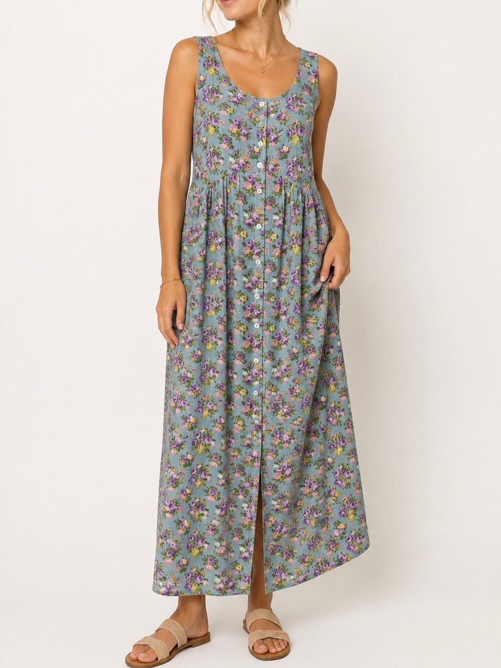 April Cornell Floral Maxi Dress Scoop Neck Sleeveless Cottagecore Tie Waist Midi